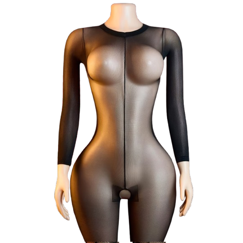 Lingerie - 1-częściowe przezroczyste czarne body z siateczki