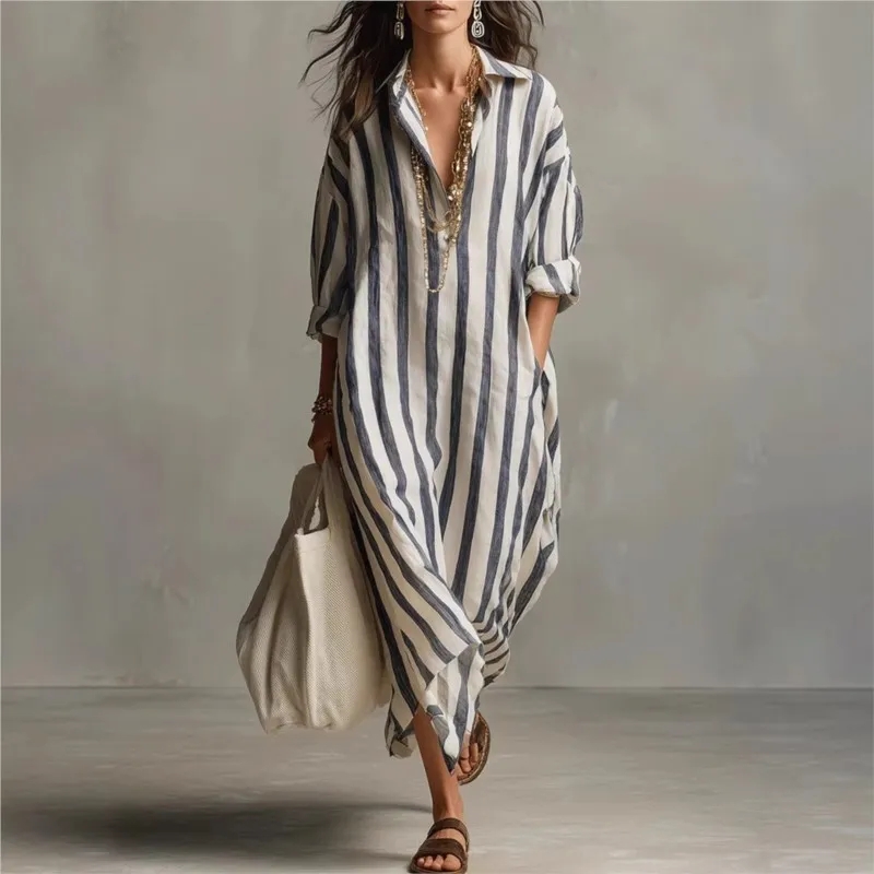 Casual Loose Linen Shirt Dress - Eleganckie lniane sukienki z wykładanym kołnierzykiem,