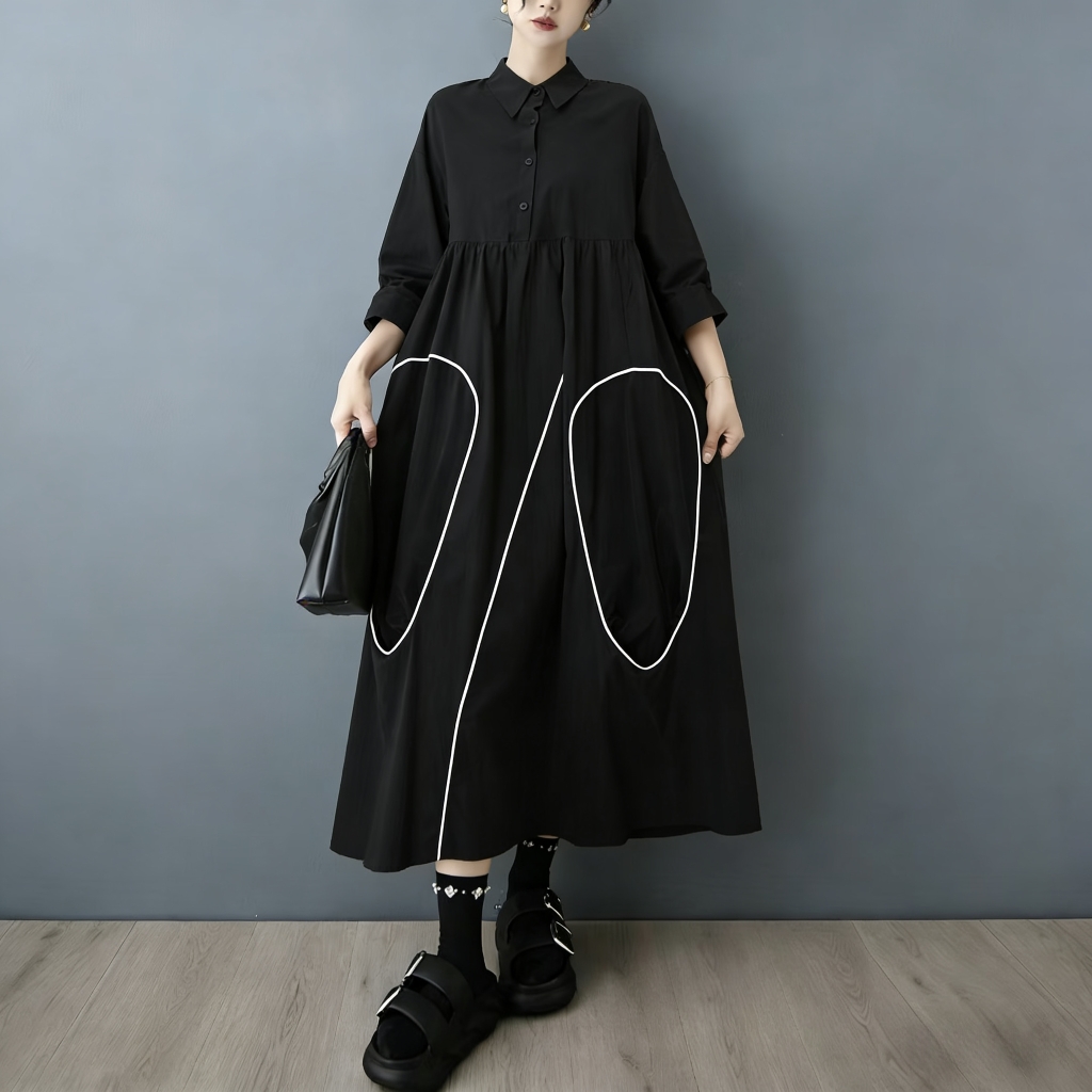 Korean Style A Line Shirt Dress - SuperAen – nowa, czarna sukienka w