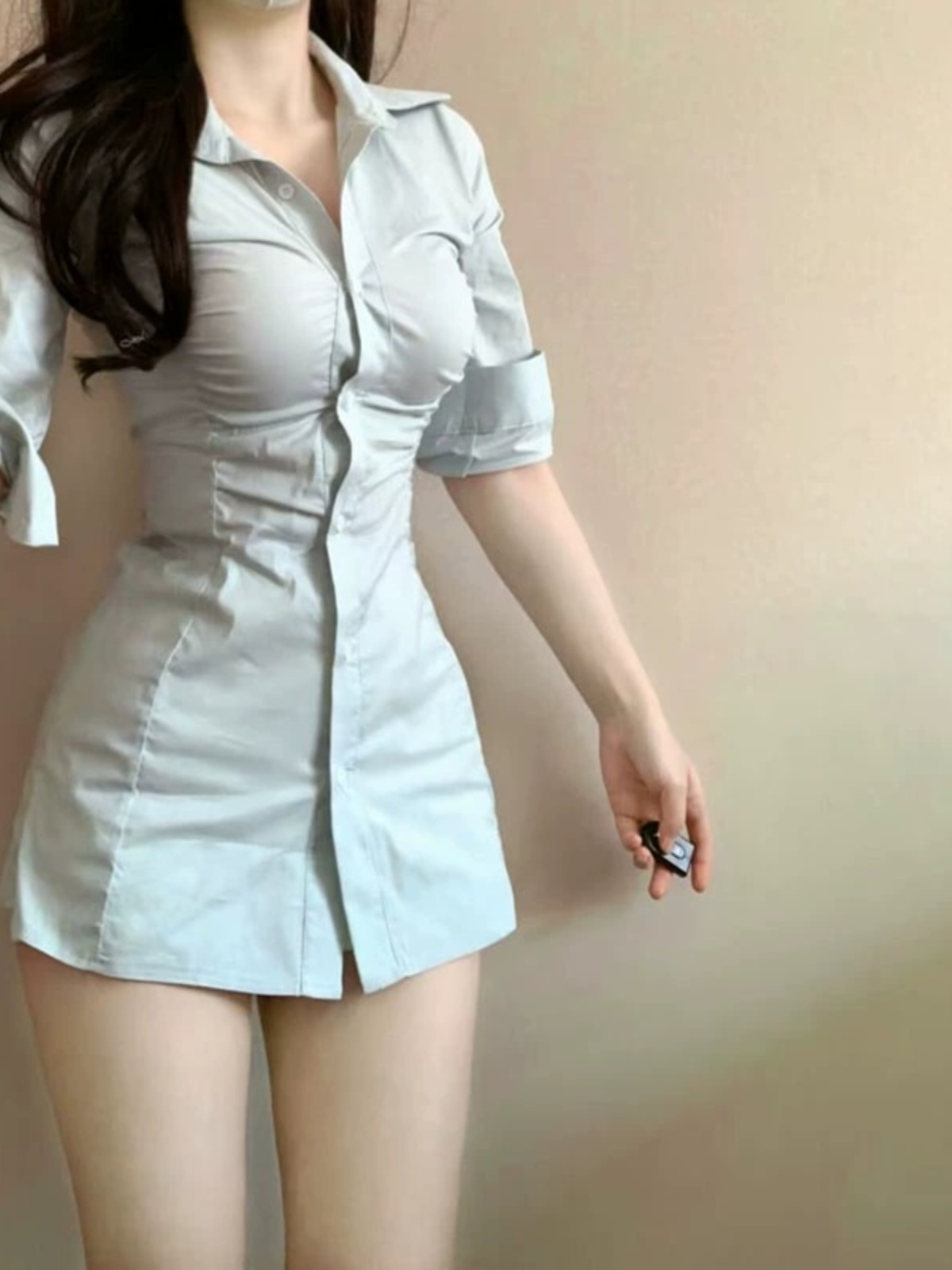 Korean Style A Line Shirt Dress - Seksowna plisowana sukienka koszulowa podkreślająca talię,