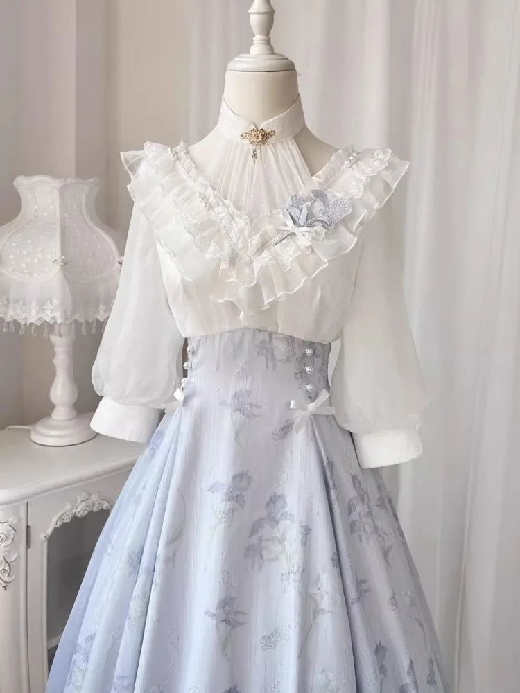 French Vintage Floral Midi Dress - Elegancka damska letnia sukienka midi w