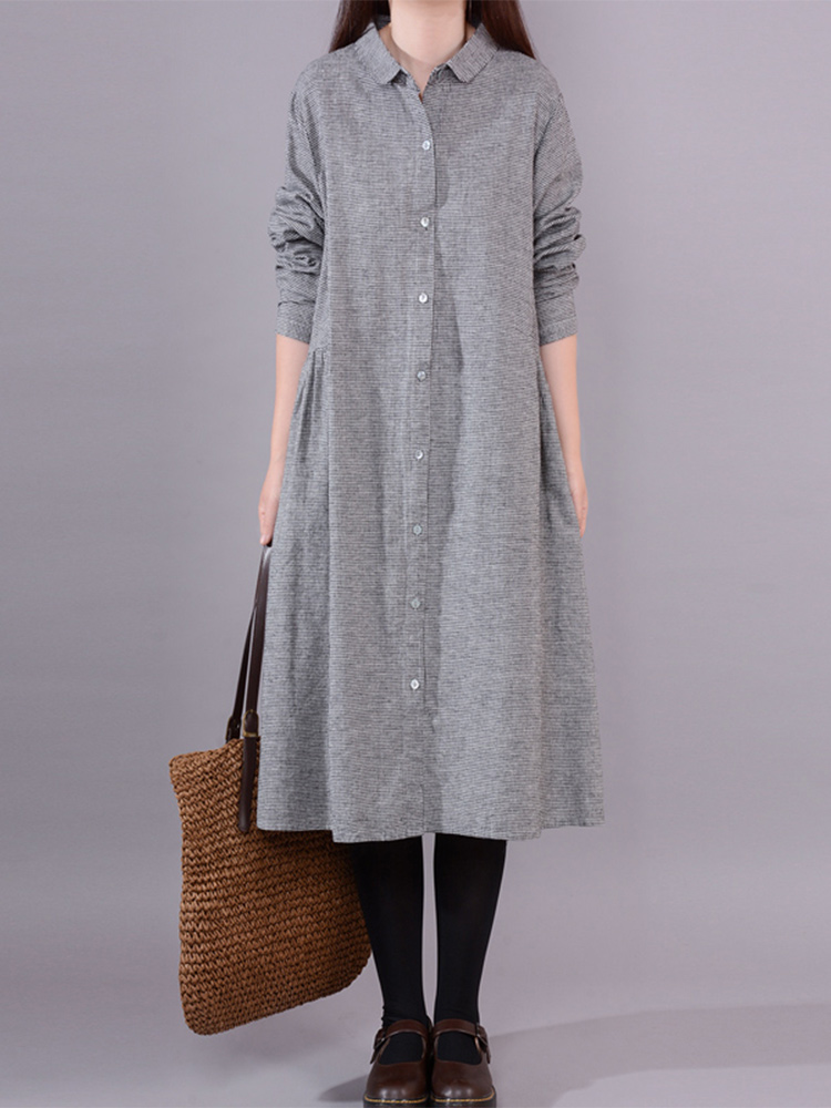 Korean Style A Line Shirt Dress - Damska koszulowa sukienka z długim rękawem,