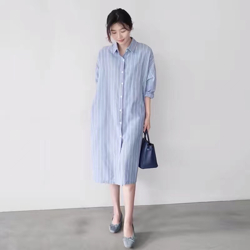 Korean Style A Line Shirt Dress - Niebieska sukienka koszulowa w paski, damska,